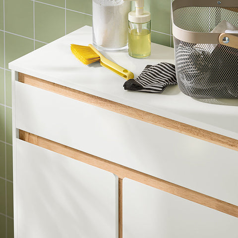 Rootz Laundry Cupboard with Laundry Bag - Laundry Collector - Bathroom Furniture - MDF and Rubber Wood - Tilt Protection - Flexible Storage - 71cm x 33cm x 85cm