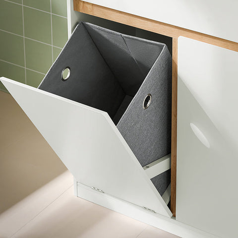 Rootz Laundry Cupboard with Laundry Bag - Laundry Collector - Bathroom Furniture - MDF and Rubber Wood - Tilt Protection - Flexible Storage - 71cm x 33cm x 85cm
