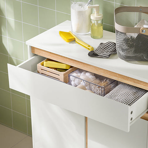 Rootz Laundry Cupboard with Laundry Bag - Laundry Collector - Bathroom Furniture - MDF and Rubber Wood - Tilt Protection - Flexible Storage - 71cm x 33cm x 85cm