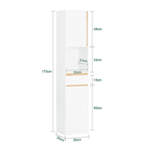 Rootz Tall Bathroom Cabinet - Storage Organizer - Bathroom Shelf - Adjustable Shelves - Anti-Tip Design - MDF & Rubber Wood - 35cm x 170cm x 33cm