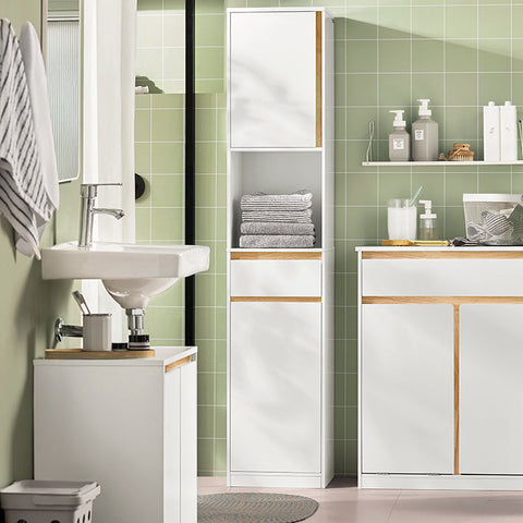 Rootz Tall Bathroom Cabinet - Storage Organizer - Bathroom Shelf - Adjustable Shelves - Anti-Tip Design - MDF & Rubber Wood - 35cm x 170cm x 33cm
