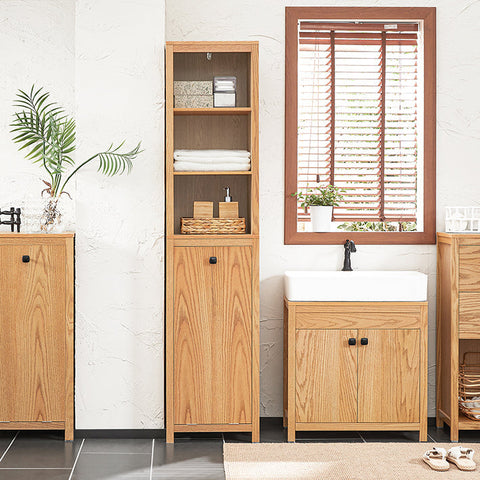 Rootz Narrow Bathroom Cabinet with Laundry Bag - Tall Storage Unit - Bathroom Shelf - Nature Finish - Ample Storage - Anti-Tip Safety Feature - Easy Assembly - 40cm x 172cm x 35cm