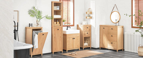 Rootz Narrow Bathroom Cabinet with Laundry Bag - Tall Storage Unit - Bathroom Shelf - Nature Finish - Ample Storage - Anti-Tip Safety Feature - Easy Assembly - 40cm x 172cm x 35cm