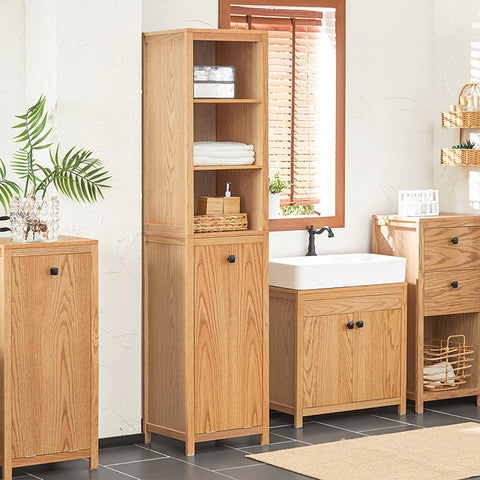 Rootz Narrow Bathroom Cabinet with Laundry Bag - Tall Storage Unit - Bathroom Shelf - Nature Finish - Ample Storage - Anti-Tip Safety Feature - Easy Assembly - 40cm x 172cm x 35cm