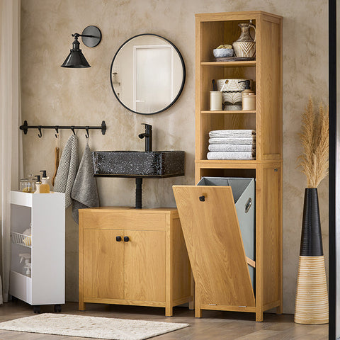 Rootz Bathroom Tall Cabinet - Storage Cabinet - Laundry Sorter - MDF PB Material - 40kg Capacity - 40x173x35cm - Wall Mountable