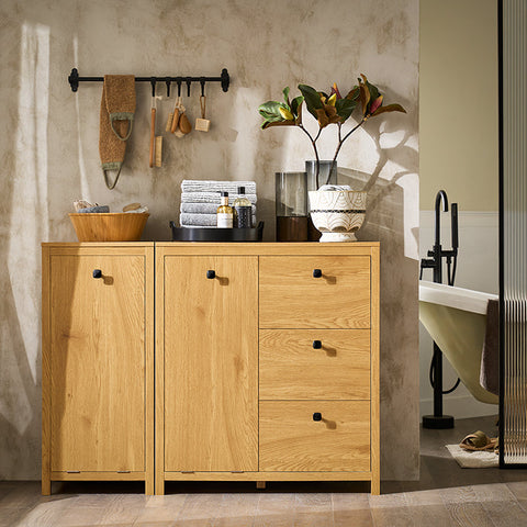 Rootz Laundry Basket Cabinet - Linen Storage - Sorting Compartments - Moisture Protection - 80cm x 90cm x 35cm - WhiteGrayYellow