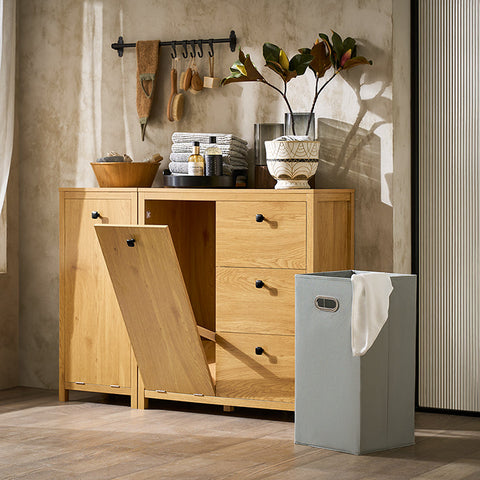 Rootz Laundry Basket Cabinet - Linen Storage - Sorting Compartments - Moisture Protection - 80cm x 90cm x 35cm - WhiteGrayYellow