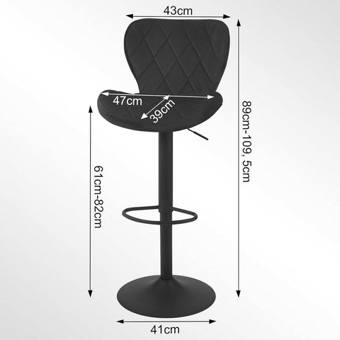 Rootz Velvet Bar Stool - Swivel Chair - Adjustable Height - 360° Rotatable - Ergonomic Design - Dark Gray/Black - 47cm x (89-109.5cm) x 54cm
