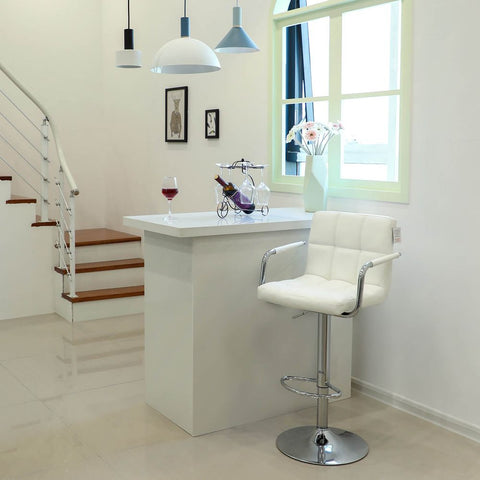 Rootz Set Of 2 Bar Stools - Bar Chair With Armrests - Adjustable Height - Industrial Design - Stable - Comfortable For Sitting - PU - Chrome Plated Steel - White - 44.5 x (95-115) x 38 cm (W x H x D)