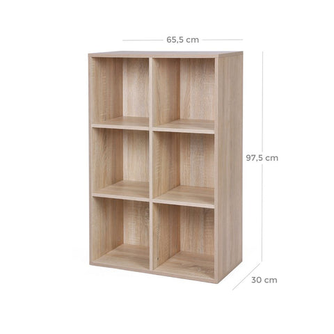 Rootz Bookcase - Bookcase With 6 Compartments - Wooden Bookcase - Wall-mounted - Industrial Bookcase - Tall Bookshelf - Chipboard - Melamine Coating - Light Oak - 65.5 x 97.5 x 30cm (W x H x D)
