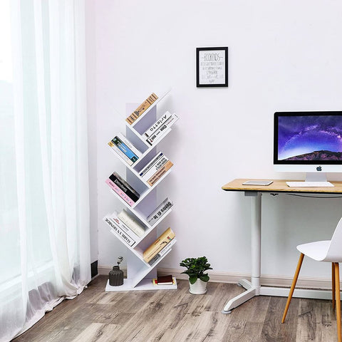 Rootz Bookcase - 8 Tier Bookcase - Tree-shaped Bookcase - Modern Tree Book Organizer - Stylish Tree-shaped Shelving Unit - Floor-standing Tree Book Storage - Chipboard - White - 50 x 141.5 x 25 cm (W x H x D)