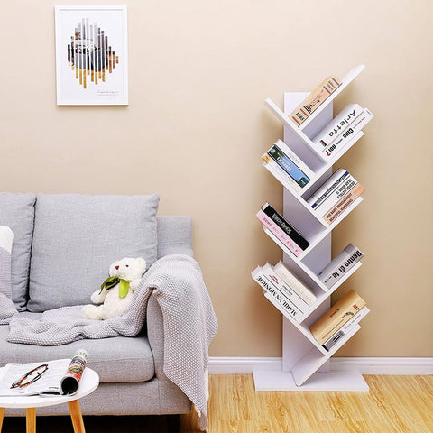 Rootz Bookcase - 8 Tier Bookcase - Tree-shaped Bookcase - Modern Tree Book Organizer - Stylish Tree-shaped Shelving Unit - Floor-standing Tree Book Storage - Chipboard - White - 50 x 141.5 x 25 cm (W x H x D)