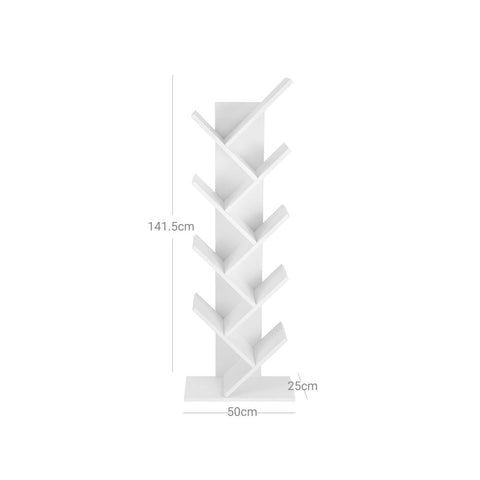 Rootz Bookcase - 8 Tier Bookcase - Tree-shaped Bookcase - Modern Tree Book Organizer - Stylish Tree-shaped Shelving Unit - Floor-standing Tree Book Storage - Chipboard - White - 50 x 141.5 x 25 cm (W x H x D)