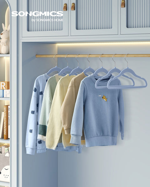 Rootz 50 Pack Children's Clothes Hangers - Pale Blue - ABS Plastic - Velvet - Metal Hook - Lightweight - Space-saving - Durable - 30cm x 20.5cm - 2.4kg - 3kg Capacity