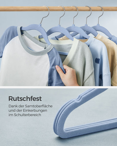 Rootz 50 Pack Children's Clothes Hangers - Pale Blue - ABS Plastic - Velvet - Metal Hook - Lightweight - Space-saving - Durable - 30cm x 20.5cm - 2.4kg - 3kg Capacity