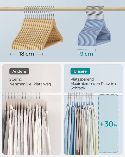 Rootz 50 Pack Children's Clothes Hangers - Pale Blue - ABS Plastic - Velvet - Metal Hook - Lightweight - Space-saving - Durable - 30cm x 20.5cm - 2.4kg - 3kg Capacity