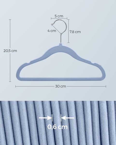 Rootz 50 Pack Children's Clothes Hangers - Pale Blue - ABS Plastic - Velvet - Metal Hook - Lightweight - Space-saving - Durable - 30cm x 20.5cm - 2.4kg - 3kg Capacity