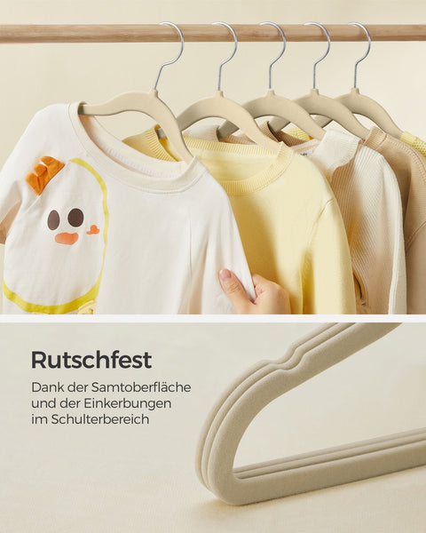 Rootz 50 Pack Children's Clothes Hangers - Kids Hangers - Wardrobe Organizers - ABS Plastic - Velvet - Metal Hook - 30cm x 20.5cm - Sand Beige - Lightweight - Durable - Space-saving