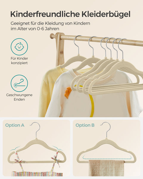 Rootz 50 Pack Children's Clothes Hangers - Kids Hangers - Wardrobe Organizers - ABS Plastic - Velvet - Metal Hook - 30cm x 20.5cm - Sand Beige - Lightweight - Durable - Space-saving