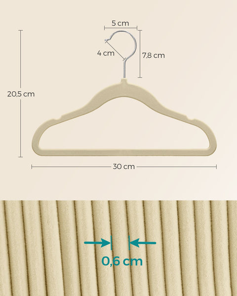 Rootz 50 Pack Children's Clothes Hangers - Kids Hangers - Wardrobe Organizers - ABS Plastic - Velvet - Metal Hook - 30cm x 20.5cm - Sand Beige - Lightweight - Durable - Space-saving