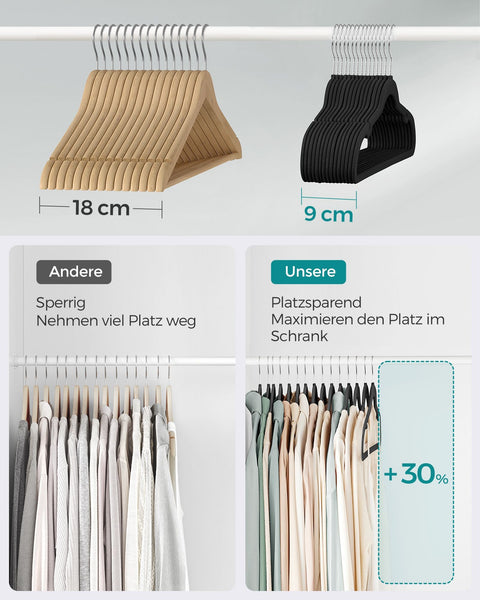 Rootz 50 Pack Velvet Clothes Hangers - Black Hangers - Space Saving Hangers - Non-Slip Hangers - Velvet Hangers - ABS Plastic - Metal Hook - 43cm x 22cm - Lightweight - 3.7kg - 5kg Capacity