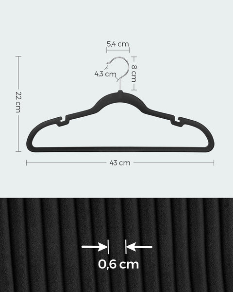 Rootz 50 Pack Velvet Clothes Hangers - Black Hangers - Space Saving Hangers - Non-Slip Hangers - Velvet Hangers - ABS Plastic - Metal Hook - 43cm x 22cm - Lightweight - 3.7kg - 5kg Capacity