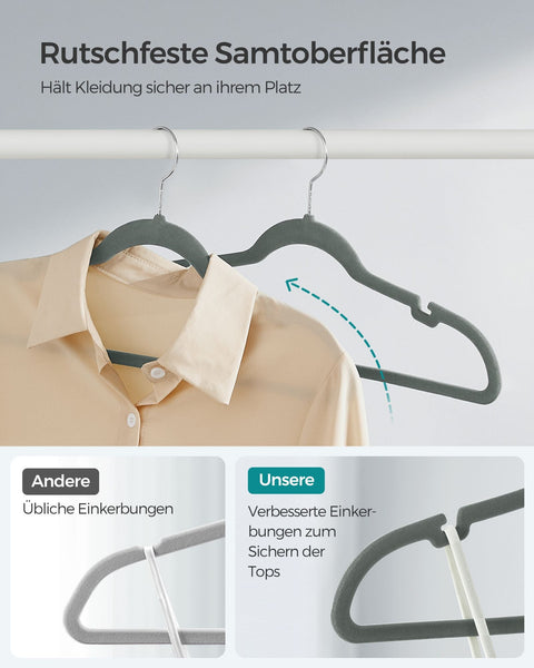 Rootz 50 Pack Velvet Clothes Hangers - Gray Hangers - Space Saving Hangers - Non-Slip Hangers - Velvet Material - ABS Plastic - Metal Hook - 43cm x 22cm - 3.7kg - 5kg Capacity