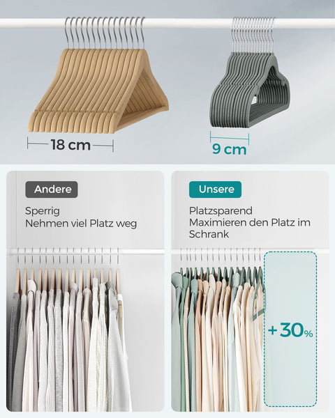 Rootz 50 Pack Velvet Clothes Hangers - Gray Hangers - Space Saving Hangers - Non-Slip Hangers - Velvet Material - ABS Plastic - Metal Hook - 43cm x 22cm - 3.7kg - 5kg Capacity