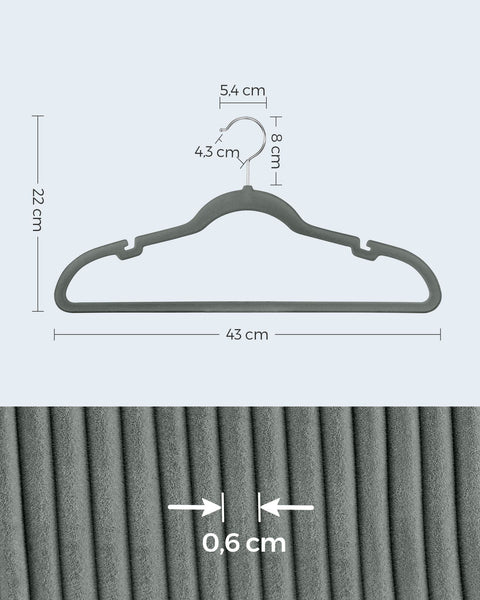 Rootz 50 Pack Velvet Clothes Hangers - Gray Hangers - Space Saving Hangers - Non-Slip Hangers - Velvet Material - ABS Plastic - Metal Hook - 43cm x 22cm - 3.7kg - 5kg Capacity