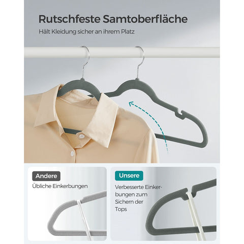 Rootz 30 Pack Gray Velvet Hangers - Space Saving Hangers - Non-Slip Hangers - ABS Plastic - Metal Hook - 43cm x 0.6cm x 22cm - 2.2kg - 5kg Capacity