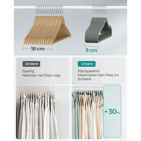Rootz 30 Pack Gray Velvet Hangers - Space Saving Hangers - Non-Slip Hangers - ABS Plastic - Metal Hook - 43cm x 0.6cm x 22cm - 2.2kg - 5kg Capacity