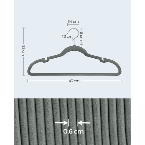 Rootz 30 Pack Gray Velvet Hangers - Space Saving Hangers - Non-Slip Hangers - ABS Plastic - Metal Hook - 43cm x 0.6cm x 22cm - 2.2kg - 5kg Capacity