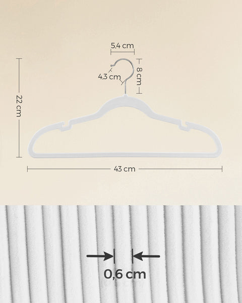 Rootz 50 Pack White Velvet Clothes Hangers - ABS Plastic - Metal Hook - Space Saving - Non-Slip - Durable - 43cm x 22cm - 3.7kg - 5kg Capacity