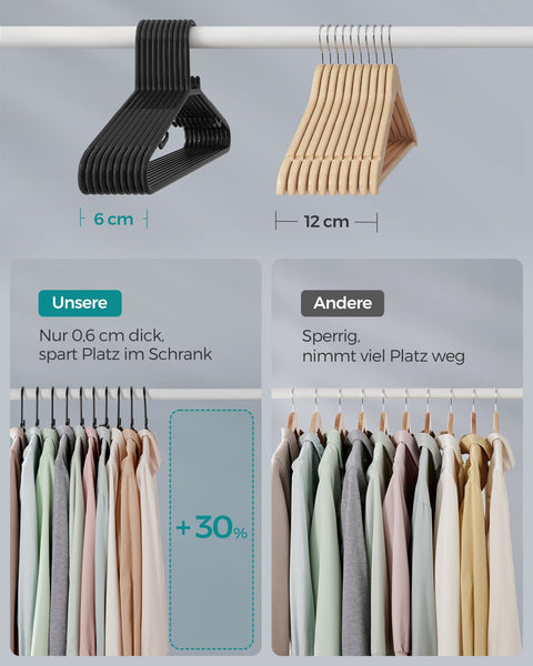 Rootz 50 Pack Plastic Clothes Hangers - Black Hangers - PP Plastic - Lightweight - Space-saving - Durable - 41.5cm x 20.5cm - Max Load 2.5kg