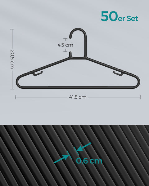 Rootz 50 Pack Plastic Clothes Hangers - Black Hangers - PP Plastic - Lightweight - Space-saving - Durable - 41.5cm x 20.5cm - Max Load 2.5kg