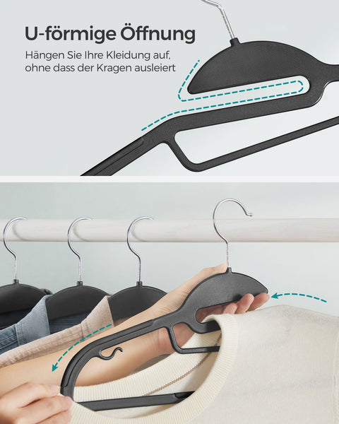 Rootz 50 Pack Plastic Clothes Hangers - Black Hangers - ABS Plastic - Metal Hook - Lightweight - Space-saving - Durable - 41.5cm x 22.5cm - Max Load 5kg