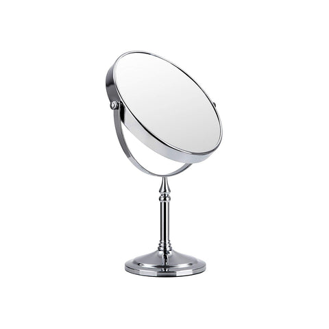 Rootz Stainless Steel and Brass Standing Mirror - Makeup Mirror - Vanity Mirror - 360° Rotation - 10x Magnification - Stable Base - 20cm Diameter - 36cm Height