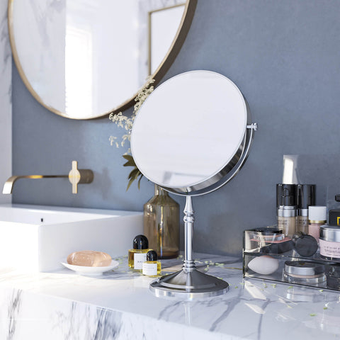 Rootz Stainless Steel and Brass Standing Mirror - Makeup Mirror - Vanity Mirror - 360° Rotation - 10x Magnification - Stable Base - 20cm Diameter - 36cm Height
