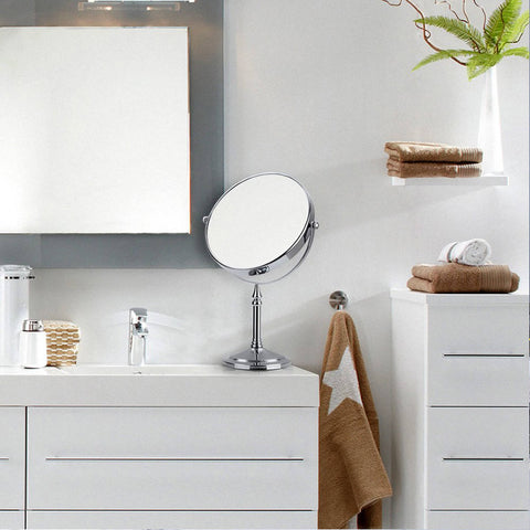 Rootz Stainless Steel and Brass Standing Mirror - Makeup Mirror - Vanity Mirror - 360° Rotation - 10x Magnification - Stable Base - 20cm Diameter - 36cm Height