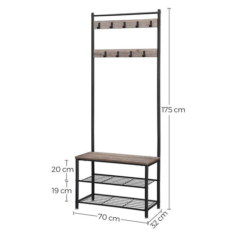 Rootz Coat Stand - With 3 Shelves And Seat - Wall-mounted Coat Rack - Hanging Coat Hooks - Decorative Wall Hooks - Entryway Storage Solution - Elegant Coat Stand - Chipboard - Steel - Greige Black - 70 x 32 x 175 cm (L x W x H)