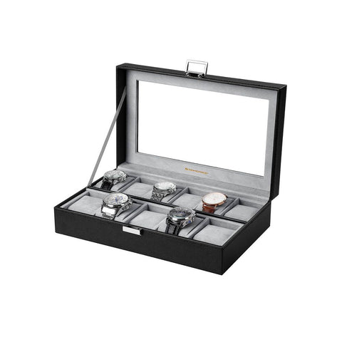 Rootz Watch Box - Elegant Watch Box For 11 Watches - Watch Storage Box - Luxury Watch Organizer - Travel Watch Case - Multi-slot Watch Box - MDF Boards - Black - 30 x 8 x 20 cm (W x H x D)