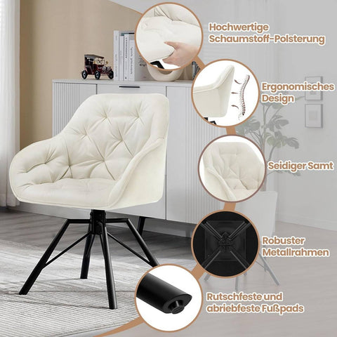 Rootz Velvet Dining Chair - Swivel Kitchen Chair - Modern Armchair - 360° Rotatable - High Backrest - Robust Metal Legs - 57.5cm x 82.5cm x 53cm