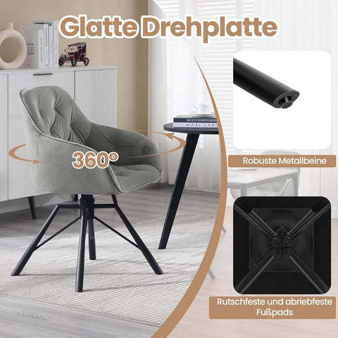 Rootz Dining Chair - Swivel Armchair - Ergonomic Chair - Velvet Cover - 57.5cm x 82.5cm x 53cm