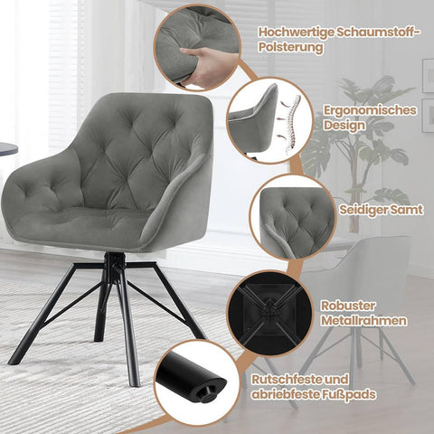 Rootz Dining Chair - Swivel Armchair - Ergonomic Chair - Velvet Cover - 57.5cm x 82.5cm x 53cm