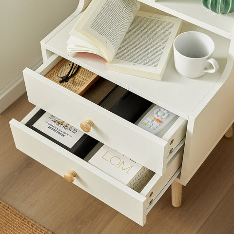 Rootz Bedside Table - Nightstand - Sofa Table - Spacious Storage with 4 Compartments & 2 Drawers - Modern Pine Wood Accents - Durable PB Material - 43cm x 81cm x 36cm