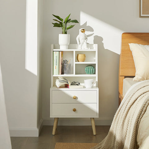 Rootz Bedside Table - Nightstand - Sofa Table - Spacious Storage with 4 Compartments & 2 Drawers - Modern Pine Wood Accents - Durable PB Material - 43cm x 81cm x 36cm