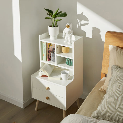 Rootz Bedside Table - Nightstand - Sofa Table - Spacious Storage with 4 Compartments & 2 Drawers - Modern Pine Wood Accents - Durable PB Material - 43cm x 81cm x 36cm