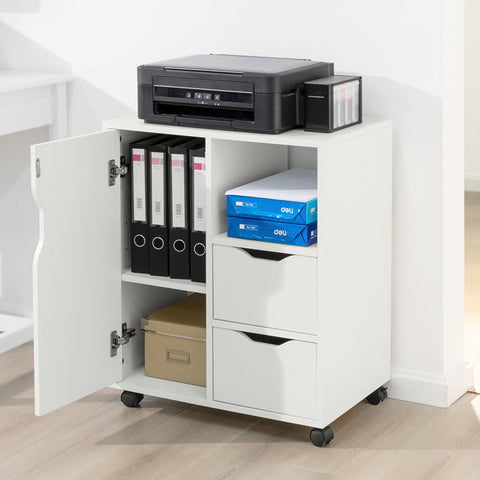 Rootz Mobile Printer Stand with Storage - Office Cabinet - Utility Cart - Versatile Use as Kitchen Cabinet or Side Table - Lockable Wheels - Durable PB Material - 60cm x 70cm x 35cm - White