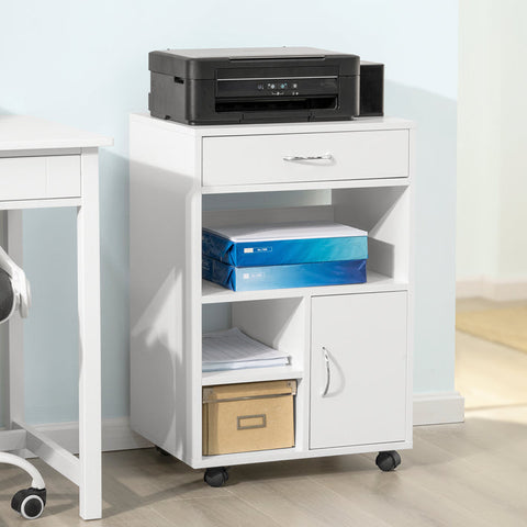 Rootz Multi-Functional Printer Table - Office Storage Cabinet - Side Table - Coffee Table - Versatile Use - Lockable Wheels - Durable PB Material - 50cm x 75cm x 40cm