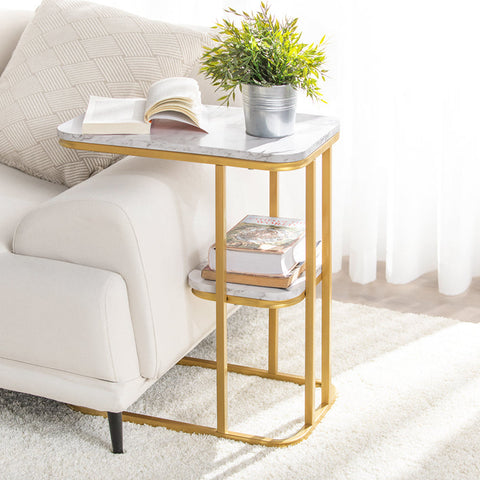 Rootz Modern Side Table - Magazine Rack - Mobile Workstation - MDF with Marble Finish - Adjustable Feet - 50cm x 58cm x 30cm